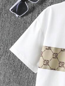 Vacaura 男童夏季休闲短袖T恤短裤套装（2件套），白色T恤搭配卡其色字母印花短裤，宽松圆领T恤，舒适时尚的日常/校园服装 - 白色 - 查看 10