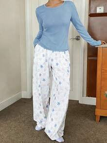 DAZY 2 piezas Conjunto de ropa de dormir de punto ajustado de unicolor con estampado de elementos marinos en toda la superficie para mujeres - Azul - Ver 3