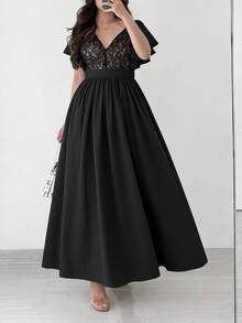 Elenzga Plus Size Women Elegant Lace Ruffle Sleeve Waist Cinched A-Line Split Maxi Dress, Suitable For Party, Wedding, Spring/Summer  Day - Black - View 4