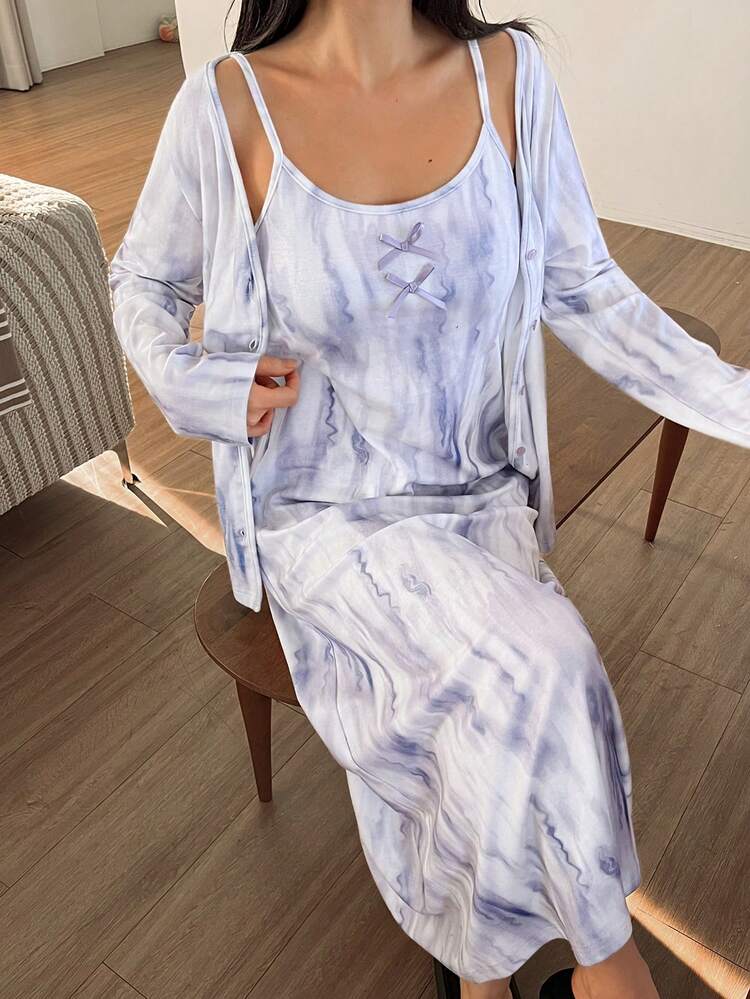 Tie-Dye Print Camisole & Cardigan Sleepwear Set For Women
