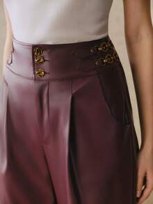 Savoree Fashionable High Waist Wide Leg Loose Fit Flared Pants With Custom Buckle Belt, PU Leather, Autumn/Winter - Burgundy - View 3