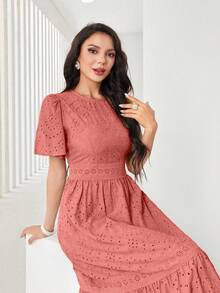 Modelyn Đầm maxi màu tím hoa cà trơn, thanh lịch, khoét rỗng, thêu họa tiết, thích hợp cho mùa hè. - Màu Hồng  San hô - Xem 3