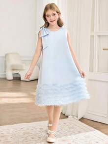 A Girl's Ruffled Sleeveless A-Line Dress With A Tie Bow, Suitable For Parties, Elegant And Casual. A Girl's Bow Collar Ruffled Sleeveless A-Line Chiffon Dress - Baby Blue - View 6
