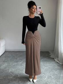 SHEIN Elenzya 女士优雅撞色串珠腰部长袖连衣裙，法式风格，显瘦，适合秋冬季穿着 - 棕色 - 查看 7