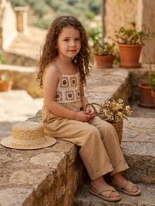 SHEIN Vintaside Kids Young Girls Vacation Casual Loose Jumpsuit 3D Floral Crochet Coffee Khaki Textured Straight-Leg Pants Casual Summer Holiday Vacation Everyday Wear Suitable For Beach Vacation Park Outing Daily Wear Holiday Gathering First Birthday Party Sightseeing Photoshoot Multiple Occasions Suitable For Spring Summer Wear - Apricot - View 1