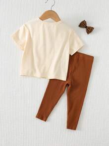 Cozy Pixies 2pcs Baby Girl Bow Knit Soft Round Neck Short Sleeve Top And Elastic Waist Pants Set Bow Baby Girl Outfit Cheetah Outfit Baby Baby Girl Leopard Outfit - Multicolor - View 6