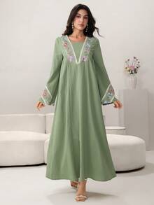 Yasmyna Colorful Embroidered Floral Trim Patchwork Solid Green Long Cardigan - Green - View 8