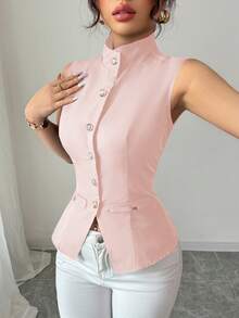 Selianne 复古风前中心装饰纽扣女士无袖衬衫 - 粉色 - 查看 3