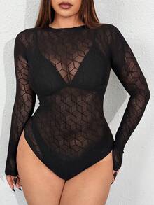 Whyspr Body transparent din plasă geometrică, stil gotic sexy, mărime mare, stil stradal la modă, primăvară/vară - Negru - Vizualizare 2
