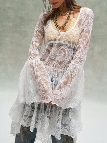 Bohemela 女士休闲纯色编织蕾丝长袖荷叶边迷你连衣裙 - 白色 - 查看 2