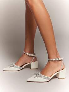 SHUZIA #GlamChic Women's Rhinestone Bow Decor Point Toe Nubuck Bone Block Heel Slingback Pumps – Sparkling Ankle Strap, Elegant & Comfortable For Party And Formal Wear. Valentine's Day - White - View 2