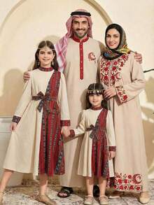 SHEIN Girls Long Sleeve Stand Collar Flared Geometric Abaya Dress In Polyester For Special Occasions - Multicolor - View 4