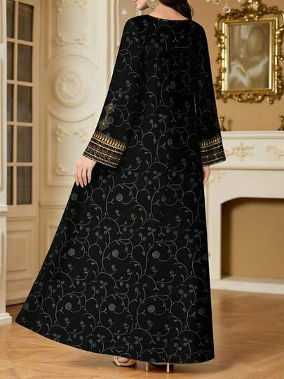 SHEIN Najma 女士花卉、植物和几何图案数码印花V领长袖优雅阿拉伯风格长款连衣裙，春季