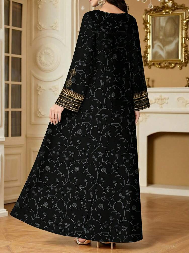 SHEIN Najma 女士花卉、植物和几何图案数码印花V领长袖优雅阿拉伯风格长款连衣裙，春季 - 彩色 - 查看 2