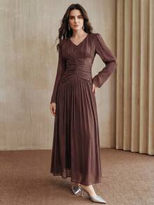 Anewsta New Elegant Fashion V-Neck Flare Sleeve Waist Ruched Dress, Suitable For Outings, Parties, Dates, Spring/Summer - Brown - View 8