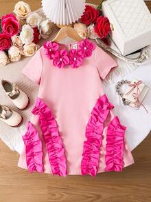 SHEIN Vestido midi de línea A con cuello redondo, parche, volantes de organza y decoración de flores de rosa 3D para niña. Vestido de pastel, vestido de niña de las flores, lindo, elegante, dulce, vintage y de moda. Combinación de mamá e hija, hermanas, vacaciones familiares, uso diario, reuniones familiares en el hogar y ocasiones especiales, conjuntos de hermanos, princesa elegante, uso en fiestas, para cumpleaños, primavera/verano. - Rosa Fucsia - Ver 3
