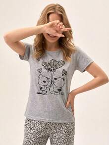 Loomlin 100%Cotton 2pcs/Set Women Cotton Animal Print Detail Homewear Pajama Set - Light Grey - View 5