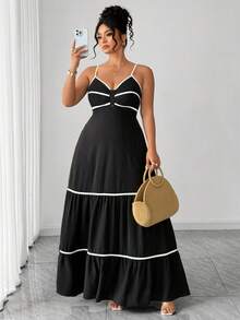 Elenzga 大码女装夏季新款黑白撞色度假风复古性感束腰木珠吊带连衣裙。适合场合：度假、日常休闲穿着、轻度社交场合、约会、正式活动、小型晚宴、小型派对、朋友聚会。 - 黑與白 - 查看 3