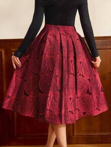 Vintamour 复古经典优雅女士半身裙，修身提花酒红色半身裙，带口袋，秋冬红色半身裙，女士图案半身裙，玫瑰印花中长半身裙，春季女士半身裙 - 酒紅色 - 查看 2
