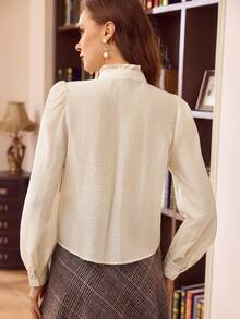 Vintamour Vintage Elegant Women Shirt Bow Tie Striped Texture Button Closure Casual Commute Holiday Wear Long Sleeve Summer Clothes Summer Outfits Summer Tops Spring Outfit Women Spring Break Outfits Spring Clothing Elegant Women's Blouses Elegant Blouses For Ladies White Top White Blouse - Apricot - View 3