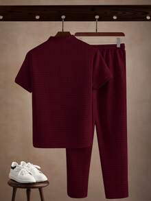 Core Aspect Men's Solid Color Raglan Short Sleeve Waffle Polo Shirt Set Mens Knitted Set Burgundy Outfit Men Casual Two Piece Set Men Mens Co-Ord Set Men 2 Piece Set Red Old Money,Daily Leisure, Weekend Trips, Outdoor Activities, Travel Expeditions, Relaxed Work Environments Or Semi-Formal Occasions,Boyfriend/Husband Gift, Anniversary Gift Christmas Outfits - Burgundy - View 2