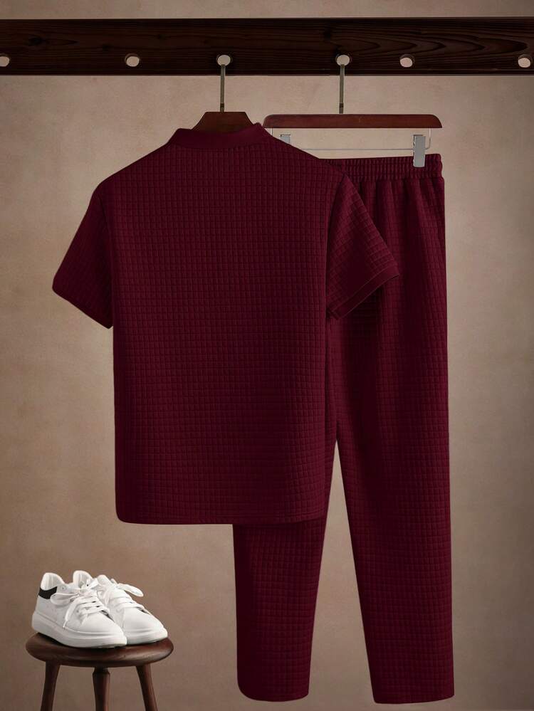 Core Aspect Men's Solid Color Raglan Short Sleeve Waffle Polo Shirt Set Mens Knitted Set Burgundy Outfit Men Casual Two Piece Set Men Mens Co-Ord Set Men 2 Piece Set Red Old Money,Daily Leisure, Weekend Trips, Outdoor Activities, Travel Expeditions, Relaxed Work Environments Or Semi-Formal Occasions,Boyfriend/Husband Gift, Anniversary Gift Christmas Outfits - Burgundy - View 2