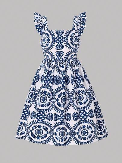 Emery Rose Kids Young Girl Blue & White Woven Solid Color Square Neck Sleeveless Ruffle Sleeve Dress, Backless Bowknot Hollow Out Dress, Suitable For Vacation, Festival, Lunch, Music Festival