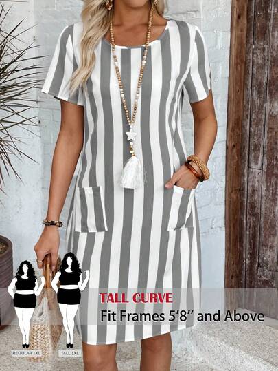 SHEIN Tall CURVE Plus Size Women Striped Round Neck Short Sleeve Pocket Casual Dress
