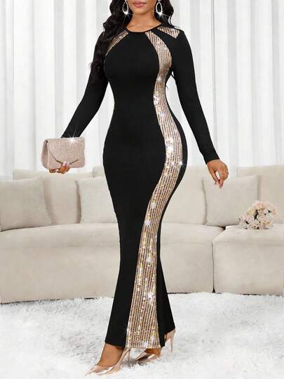 SHEIN Lady Women's Sequin Patchwork Round Neck Long Sleeve Fitted Dress, Elegant & Glamorous