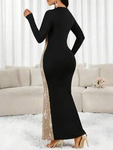 SHEIN Lady 女士亮片拼接圆领长袖修身连衣裙，优雅迷人 - 彩色 - 查看 2