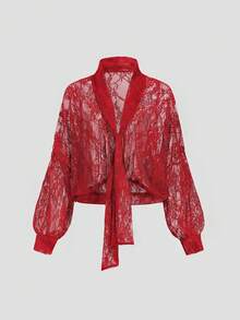 SHEIN Glamour Women Three Quarter Kimono Sleeve Red Sheer Blouse With Shawl Collar Regular Fit Sexy Patterned Top Sheer Cardigan Women Red Mesh Top Red Blouses Lace Kimono Red Lace Top - Red - View 12