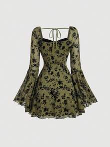 SHEIN MOD Đầm ren đen tay chuông cổ vuông cỡ lớn - xanh quân đội - Xem 2