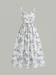 SHEIN 少女碎花无袖中长连衣裙 - 藍白色 - 查看 2