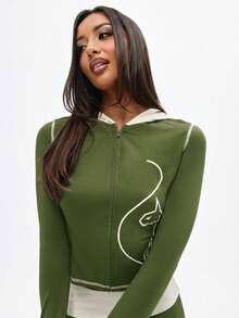 BABYPHAT Sudadera con capucha y cremallera con pespuntes contrastantes y estampado de arte lineal para capas casuales - Caqui - Ver 4