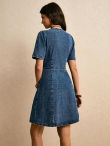 Poéselle 女士优雅法式泡泡袖收腰A字迷你连衣裙 - 中等水洗藍 - 查看 2