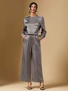 Briarwyn Autumn 2pcs Women Solid Color Satin Round Neck Top And Wide Leg Pants With Slant Pockets Set Party Night Light Grey Elegant Office Dinner Bar Party - Grey - View 4