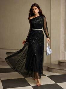 ZEYLAH Sequin Asymmetric Waist Maxi Dress, Autumn/Winter - Black - View 6