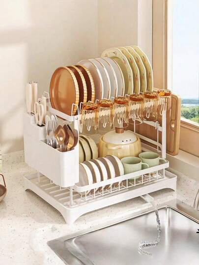 Estante de almacenamiento de cocina de doble capa, drena el agua rápidamente, con soporte para cuchillos y tenedores, soporte para tabla de cortar, mantiene seco el mostrador - Un estante de almacenamiento de platos multifuncional y ahorra espacio que puede sostener tazones y platos, Estante para platos | Estante de metal elegante | Suministros de cocina duraderos, Estante de almacenamiento y organización de cocina.