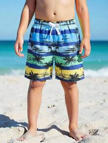 SHEIN 男童休闲度假椰树热带印花系带松紧腰泳裤，夏季 - 彩色 - 查看 6