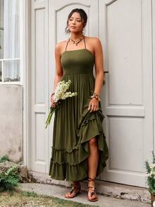 SHEIN VCAY Vestido casual de vacaciones con cuello halter sin espalda de unicolor para mujer de talla grande - Verde militar - Ver 10