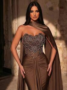 Glamrae Elegant Luxurious Beaded Bubble Floral Sequin Patchwork Elastic Knit Swimsuit Fabric Ruched Mermaid Skirt, Suitable For Weddings, Parties, Vacations, Galas, Evening Dresses (Heavy-Duty) - Brown - View 3