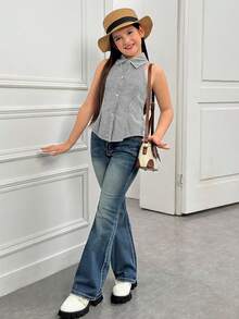 SHEIN 少女休闲度假优雅通勤上学修身翻领无袖褶皱条纹腰部修身A字纽扣前襟衬衫上衣 - 灰色 - 查看 4