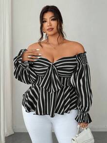 SHEIN CURVE+ Áo kiểu dáng rộng rãi, tay dài, hở vai, đa năng. - màu đen - Xem 2
