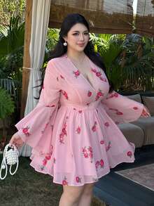 Vibekara Đầm dài tay ôm sát cổ chữ V, cỡ lớn, ngọt ngào và gợi cảm. - Hồng - Xem 1