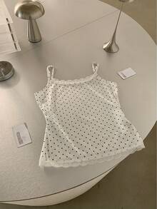 K-Vae 白色波点蕾丝边吊带背心，甜美可爱修身夏季上衣，柔软针织面料，百搭韩式休闲风，街头潮流单品，必备叠穿单品 - 白色 - 查看 4