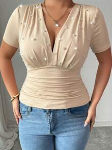 Elenzga Plus Size Women's Elegant & Chic Party Sexy Short Sleeve V-Neck Pearl Decor Waist Fitted Stretchy Knit Top, Spring/Summer - Apricot - View 3