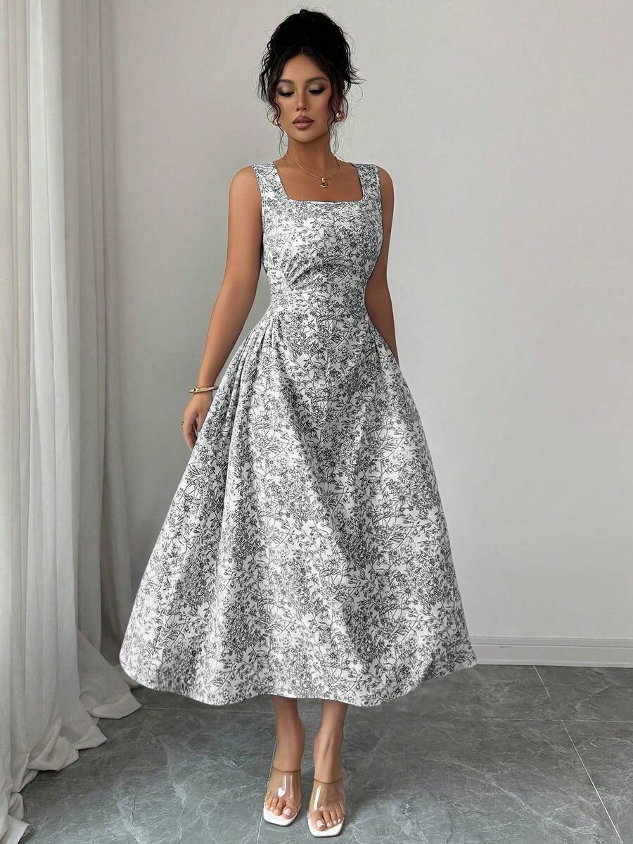 Rafferiza Women's French Style Vacation Blue Floral Print Ruffle Sleeveless Dress - Black - View 1