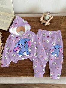 SHEIN 2 件套可爱卡通蓝兔露露、针迹图案和复古紫心花卉图案宽松休闲连帽衫套装，适合户外野餐、休闲装、街头风格、家居、学校、年轻女孩、秋冬 - 彩色 - 查看 2
