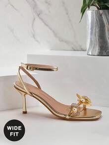 SHUZIA 女士宽楦花朵装饰细高跟凉鞋，日常派对性感沙滩优雅金属PU金色高跟凉鞋，宽楦 - 金色 - 查看 7