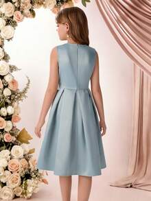 SHEIN Pitira 少女连衣裙、儿童派对礼服、花童礼服、公主裙、时尚吊带裙、女孩生日礼服、花童礼服、婚纱、晚礼服、大蝴蝶结礼服、连衣裙、派对礼服、庆典礼服 - 藍白色 - 查看 2